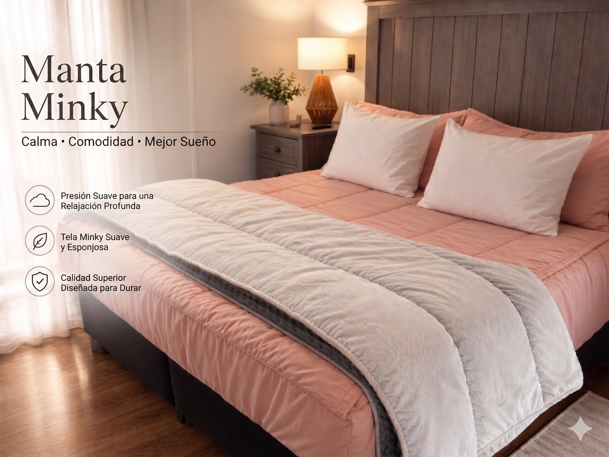 Plumón Minky Grises sobre cama matrimonial