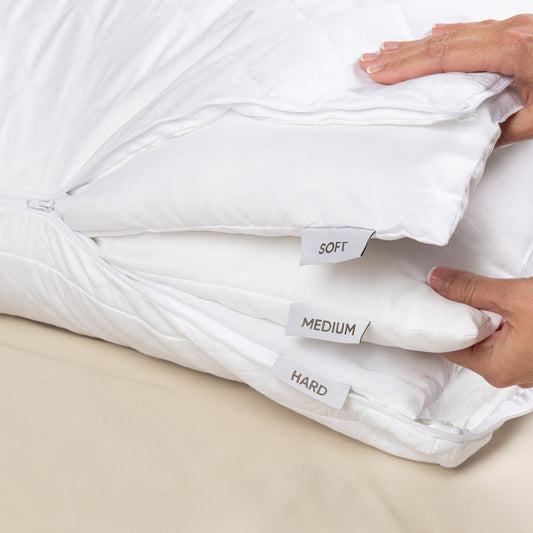 Almohada Ajustable ally's — cierre abierto mostrando las 3 capas internas SOFT, MEDIUM y HARD que se sacan y combinan
