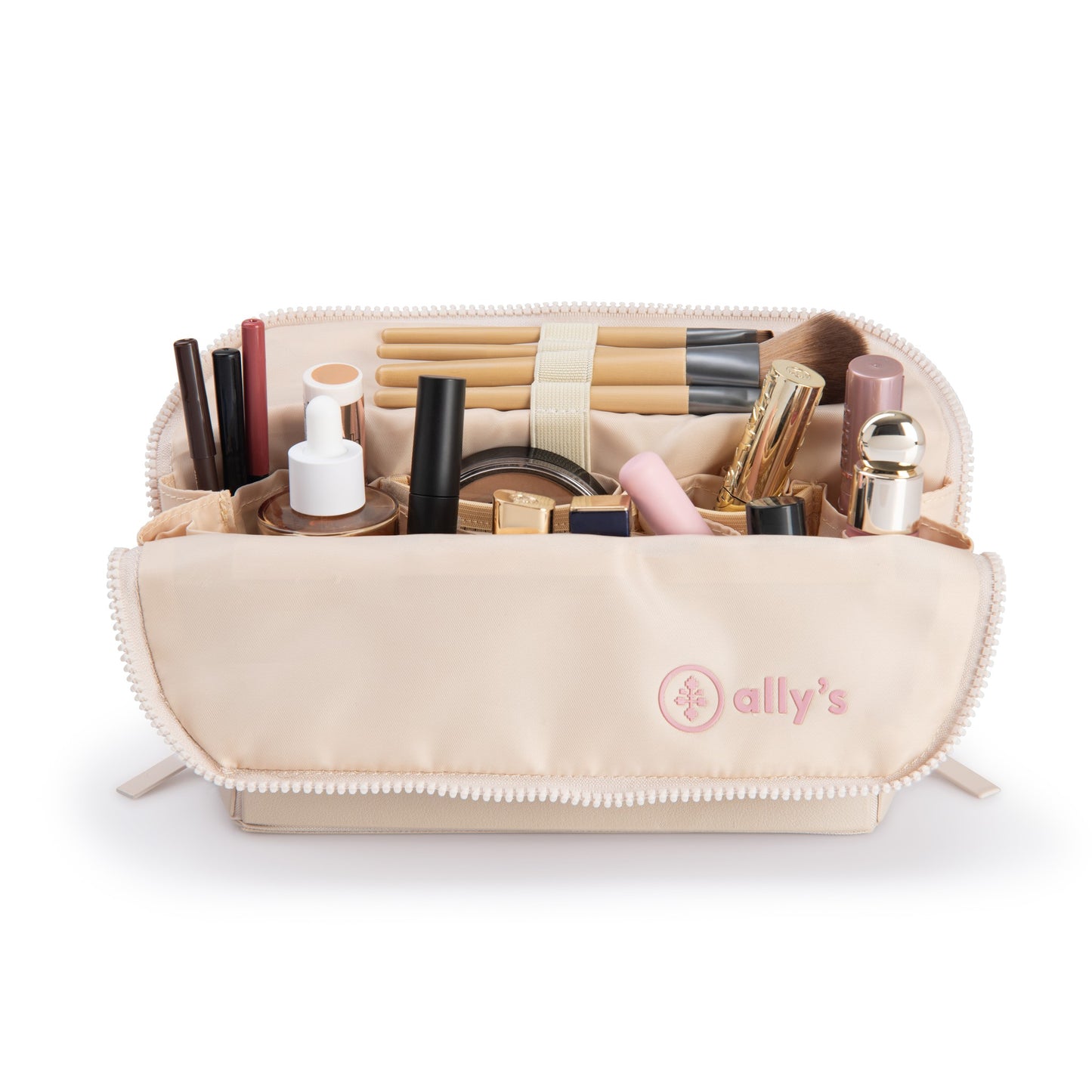 Cosmetiquero ally's color Beige lleno de maquillaje y brochas