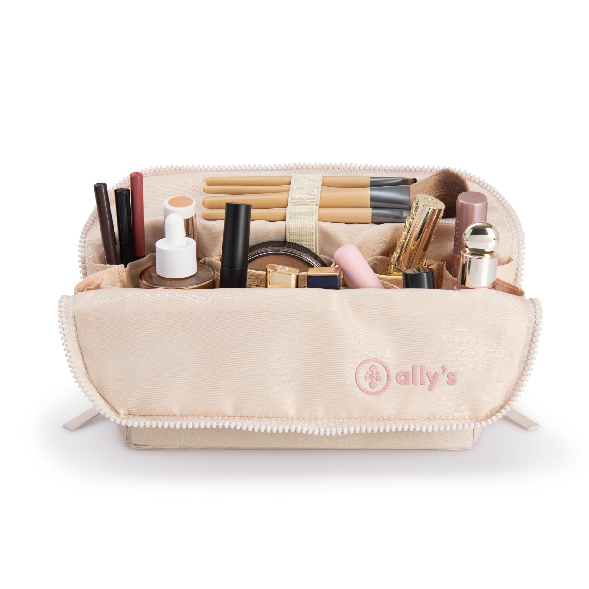 Cosmetiquero ally's color Beige lleno de maquillaje y brochas