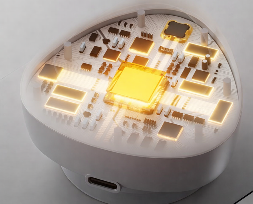 Interior del control del cinturón ally's: placa electrónica y carga USB-C