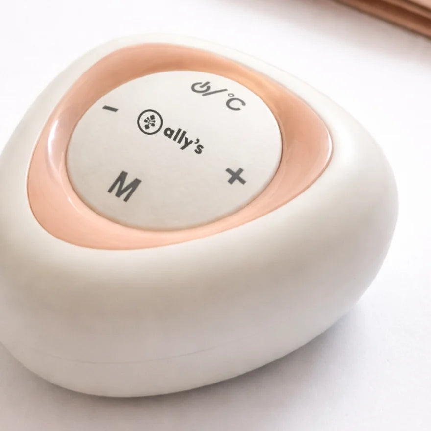 Primer plano del cabezal de control con los botones de encendido y temperatura, menos, más y M